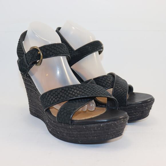 UGG Black Wedge Sandals – Size 8 Platform Heel Ankle Strap Textured Leather - Picture 5 of 6